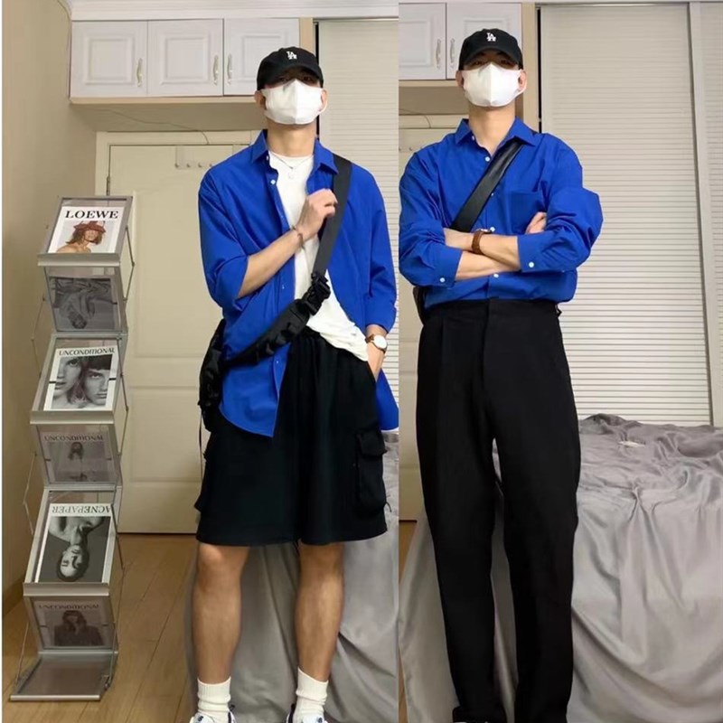 方人也屹 秋季衬衫男长袖2021B新款韩版潮流蓝色痞帅克莱因蓝衬衣