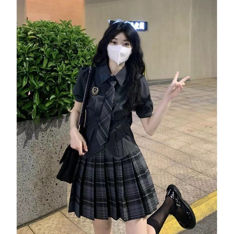 学院风JK制服衬衫女夏季甜辣妹纯欲泡泡袖收腰学生W衬衣百褶裙套