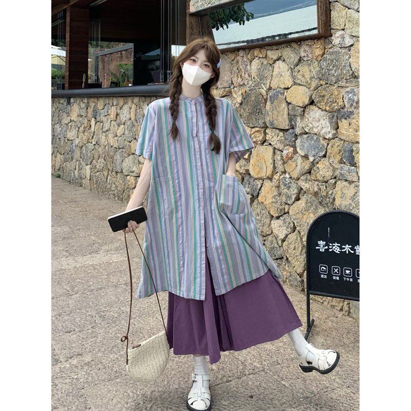 古早森系套装女夏季新款松弛感长款条纹衬衫O阔腿九分裤两件套度