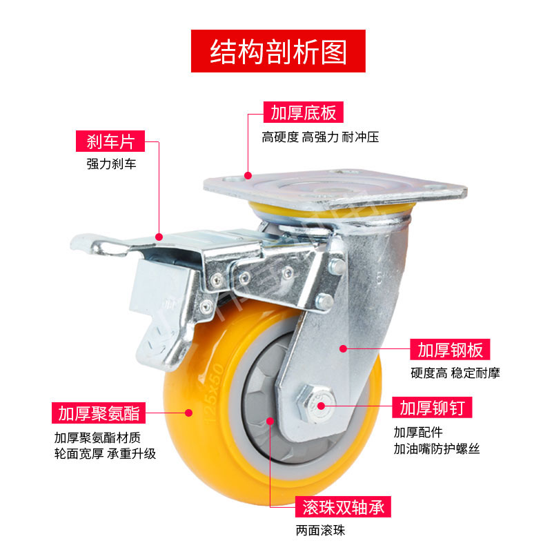 4寸万向轮5寸6寸8寸重型聚氨酯轮带刹车手推车轮承重耐磨脚轮轮子