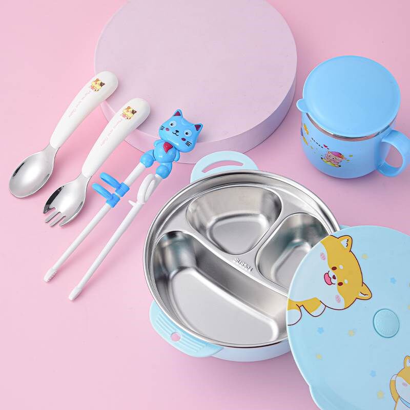 不锈钢带盖卡通儿童碗幼儿园餐盘小学生饭盒家P用宝宝辅食勺叉汤