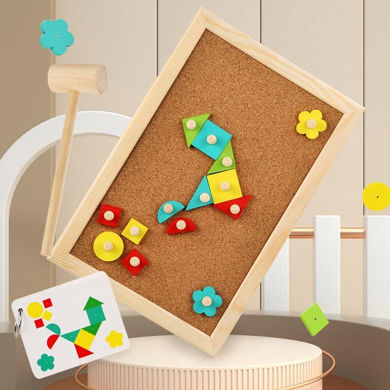 木制幼儿童敲钉子拼板益智锻炼精细动作几何形状颜色认知墙面玩具