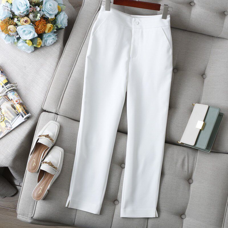 品质通勤裤王~基础百搭黑白色裤口开叉弹性9分小直筒烟管西裤女春