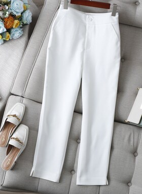 品质通勤裤王~基础百搭黑白色裤口开叉弹性9分小直筒烟管西裤女春