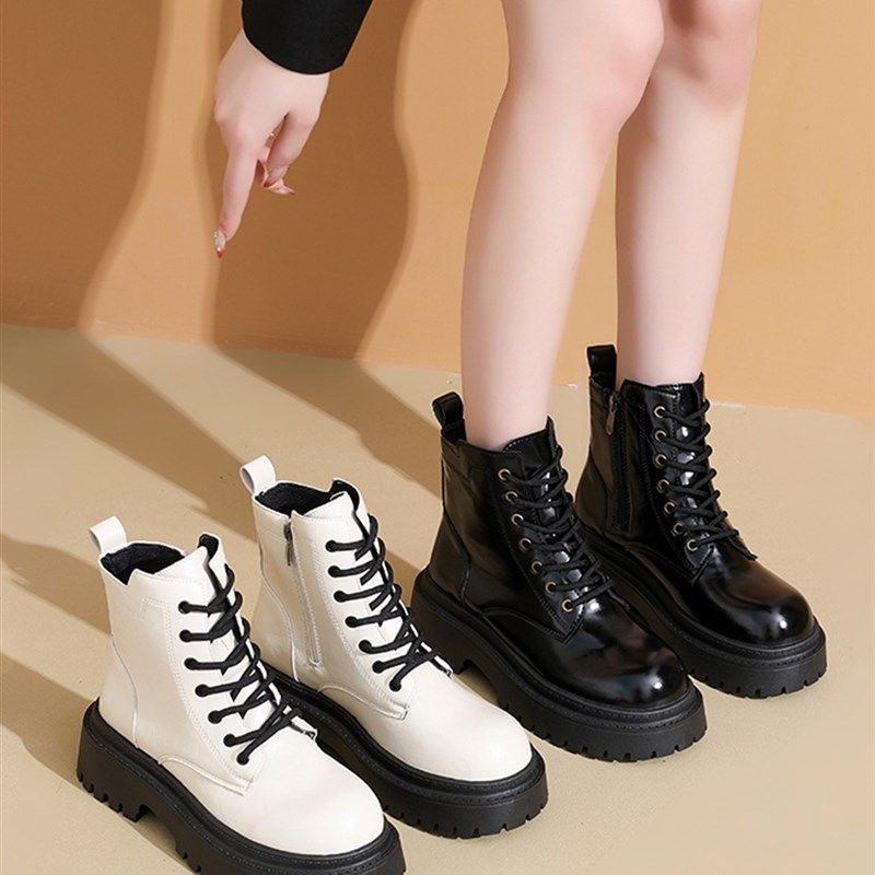 厚底马丁靴d女款2025年新款英伦风增高黑色短靴秋冬季加绒白色靴