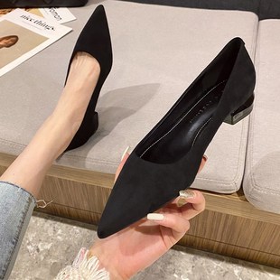 法式职业高跟鞋女绒面低跟2024秋冬新款尖头浅口平底黑色工作单鞋