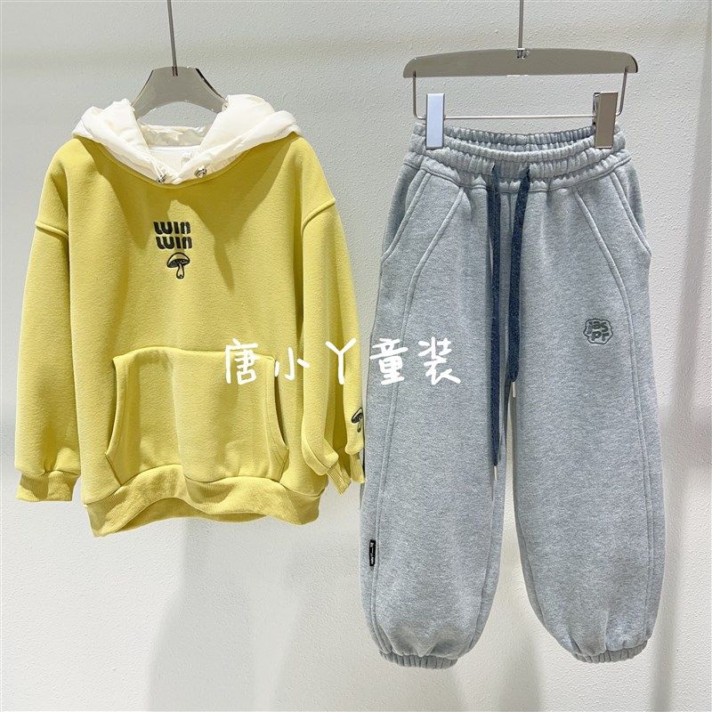 女童加绒卫衣姜黄色刺绣蘑菇韩版宽松秋冬学生青少年亲子套头衫