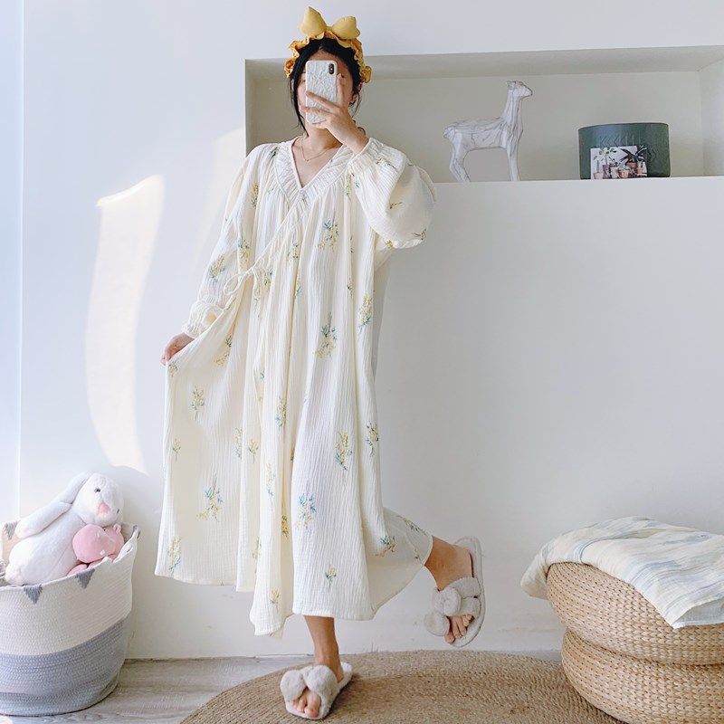 长袖加大码纯棉双层纱汉服睡裙开衫睡袍宽松孕产妇胖MM哺乳家居服