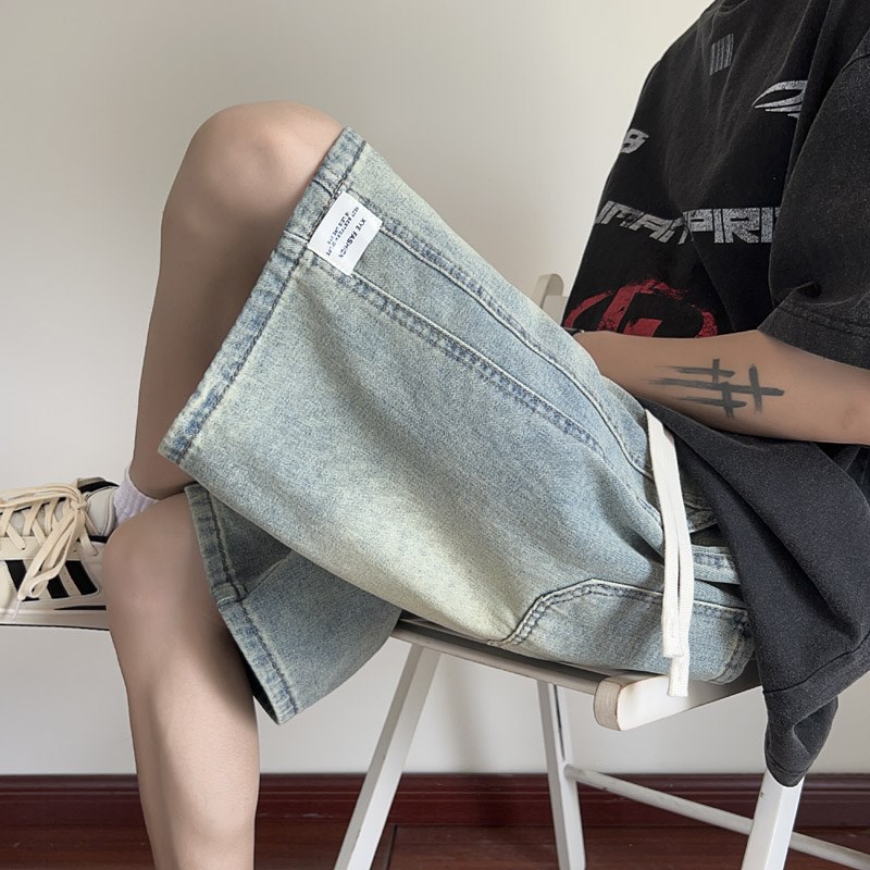青少年牛仔短裤男夏季薄款五分裤美式复古做旧高街裤子直筒大裤衩