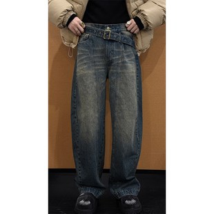 复古拼接设计腰带宽松弯刀百搭休闲牛仔裤 潮流美式 新款 龙叨叨秋季