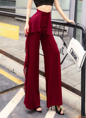 酒红色荷叶边跳舞裤阔腿裤微喇叭裤女秋季2024新款高腰显瘦长裤子