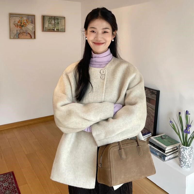 韩系简约米杏色毛呢外套女冬季新款小个子圆领中长款呢子大衣