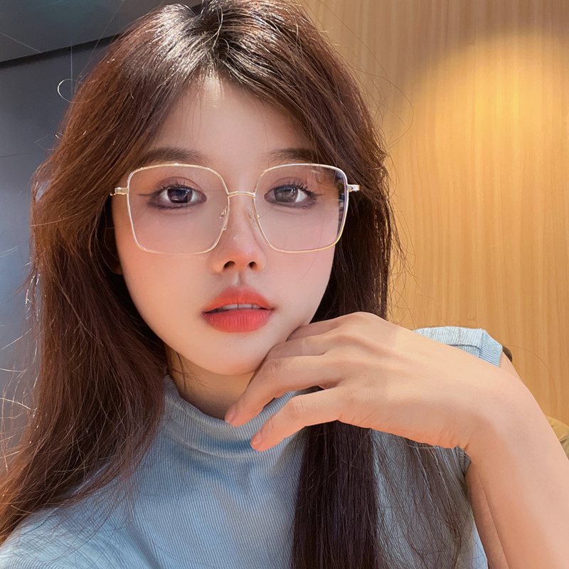 网红款素颜大框方形平光镜女潮复古金色大脸显瘦可配近视眼镜框男