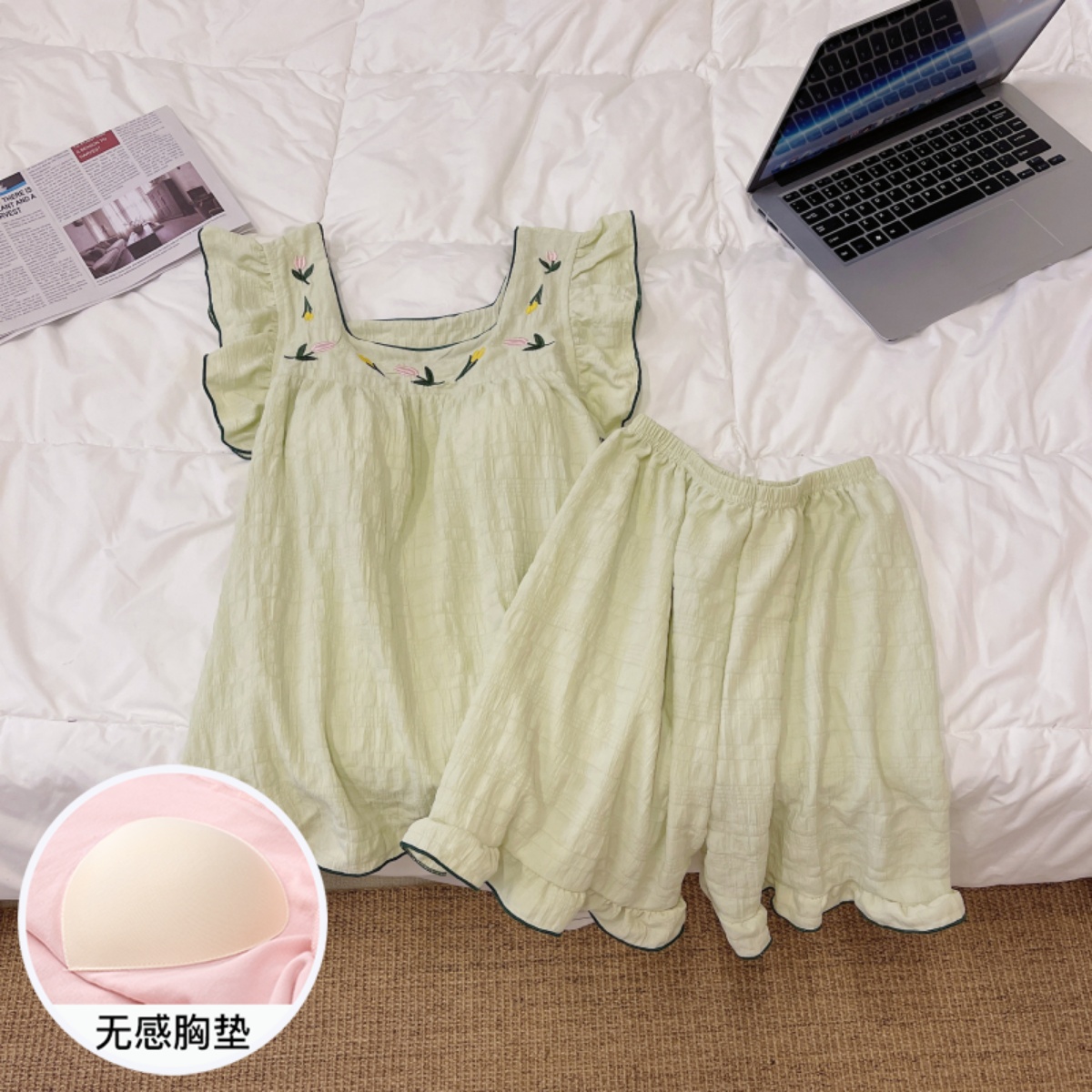 睡衣女夏季吊带短裤大码薄款纯棉带胸垫可外穿绿S色飞袖套装家居