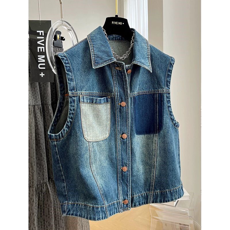 女童休闲牛仔马甲童装儿童春秋新款无袖拼色时尚外套女孩潮酷上衣