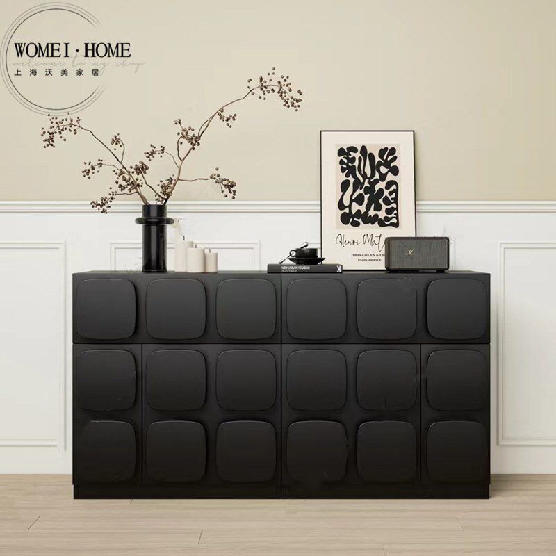 沃美北欧餐边柜时尚斗柜简约现代黑色烤漆茶水柜极简玄关柜抽屉柜
