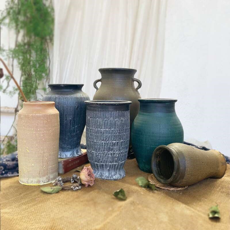 手工陶罐粗陶中式花瓶复古花器土陶盆多肉花S盆干花盆客厅摆件