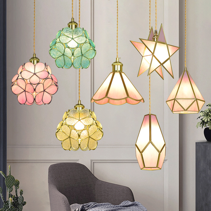 日式黄铜玻璃花瓣餐厅咖啡厅吊灯简约温馨儿童R房卧室床头灯具创