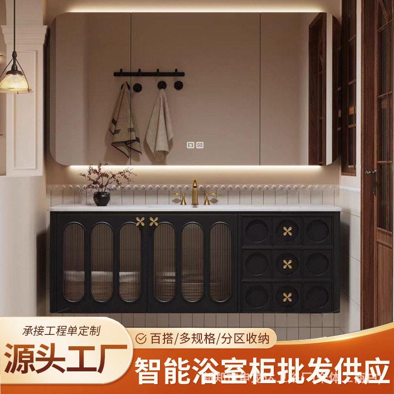 法式橡木实木浴室柜陶瓷一体盆卫生间洗漱台绿色洗脸洗手
