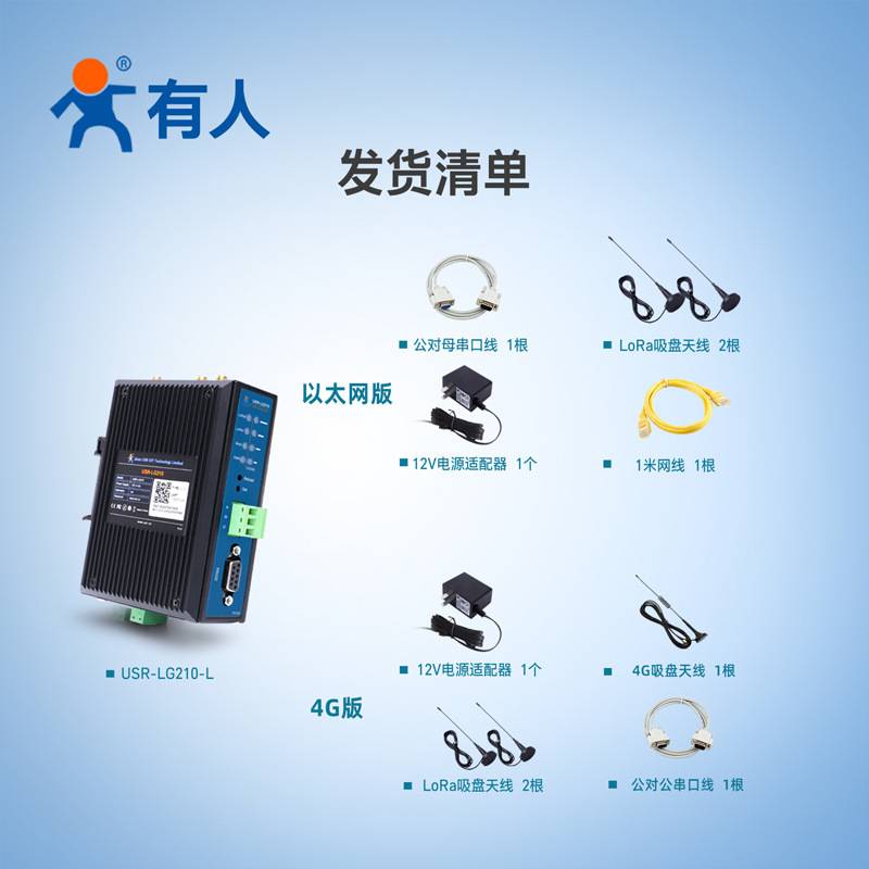 lora无线网关RS232/485远程网络采集4500m数据传输有人USR-LG210