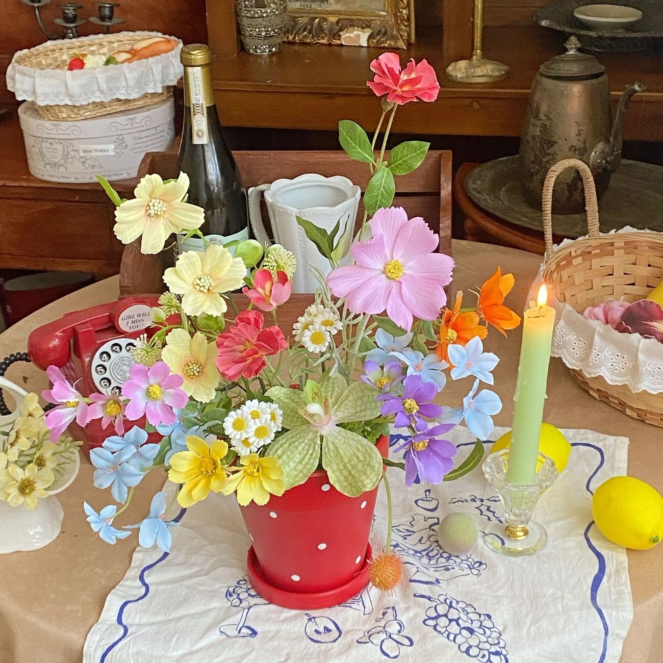 盆栽花粗陶花瓶花束搭配高质感花假花桌面塑料法式多巴胺组合