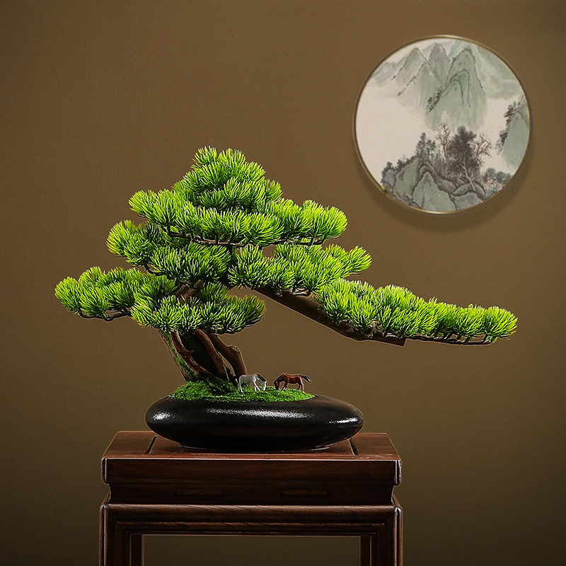 仿真树摆件崖柏盆景仿真迎客松高端轻奢绿植盆景造景酒店装饰玄关