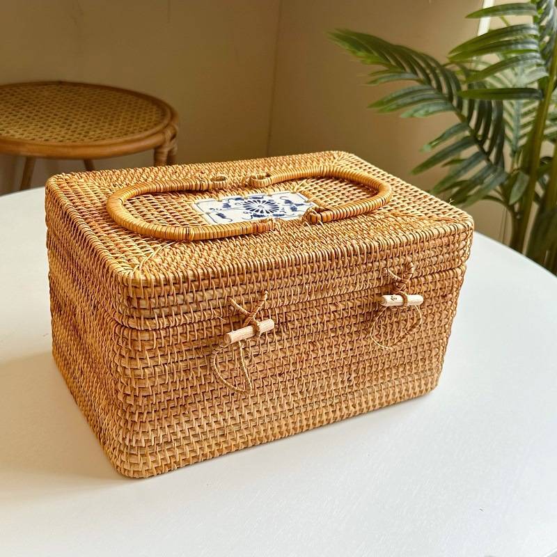 越南秋藤 编织收纳箱茶道配件收纳箱长方形桌面物品收纳整理盒大