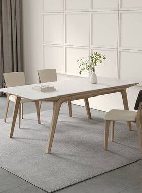 9W纯白色哑光岩板餐桌原木奶油风家用简约现代长方形白蜡木帆船餐