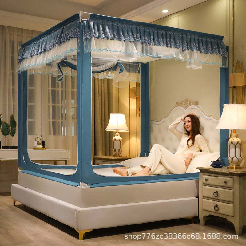 婴儿防摔蚊帐家用全底三开门防掉床坐床拉链蚊帐加粗加厚烤漆支架