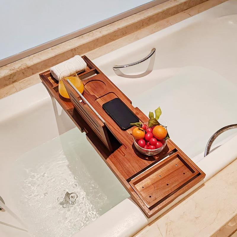 浴缸架木柚木材质缸浴置物架伸缩平调833节泡澡手机板架浴缸托实
