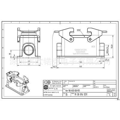 HARTING浩亭19300161231哈丁矩形连接器低结构双锁扣表面安装底座