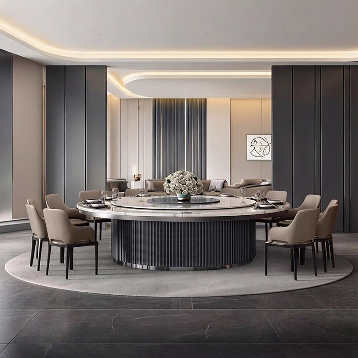 现代极简酒店电动大圆桌实木餐桌带岩板转盘2米3饭店包厢大理石桌