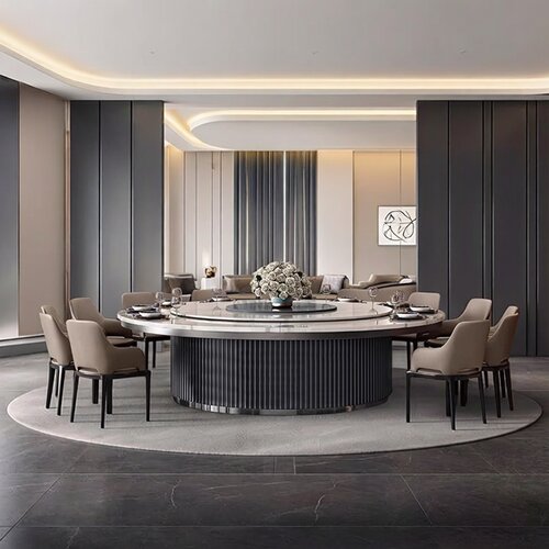 现代轻奢极简酒店岩板电动大圆桌
