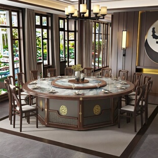 新中式酒店岩板电动餐桌实木大圆桌现代餐厅别墅大理石自动旋转桌