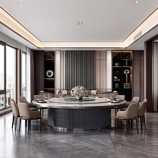 现代极简酒店电动大圆桌实木餐桌带岩板转盘2米3饭店包厢大理石桌