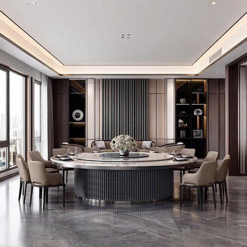 现代轻奢极简酒店岩板电动大圆桌