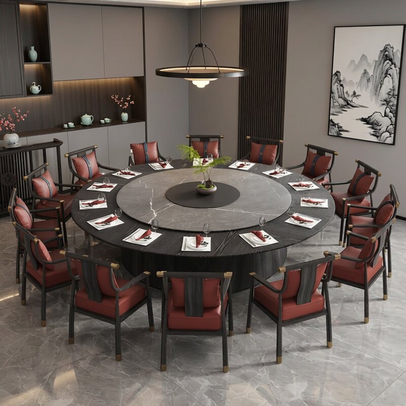 酒店电动大圆桌实木餐桌带岩板平行转盘升降2米3饭店包厢会所16人