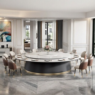 酒店现代极简岩板电动餐桌新中式岩板大圆桌餐厅会所别墅火锅桌椅