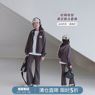 女童套装2025春秋新款女大童初中生连帽外套儿童学生喇叭裤两件套