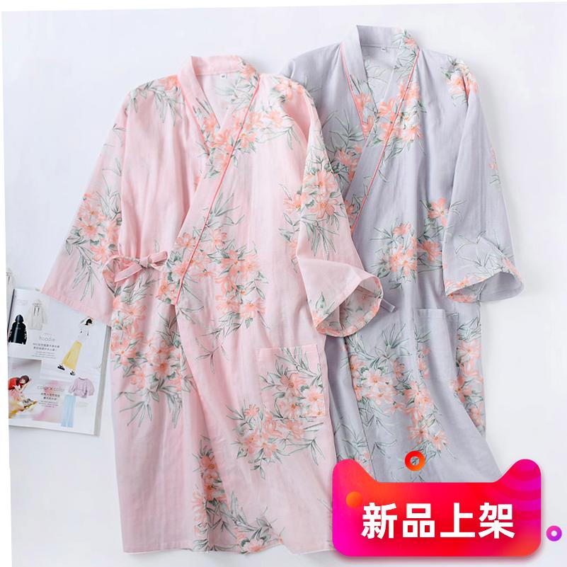睡裙夏季薄款纯棉纱布中国风浴袍和服春秋宽松长袖日系家居汗蒸服