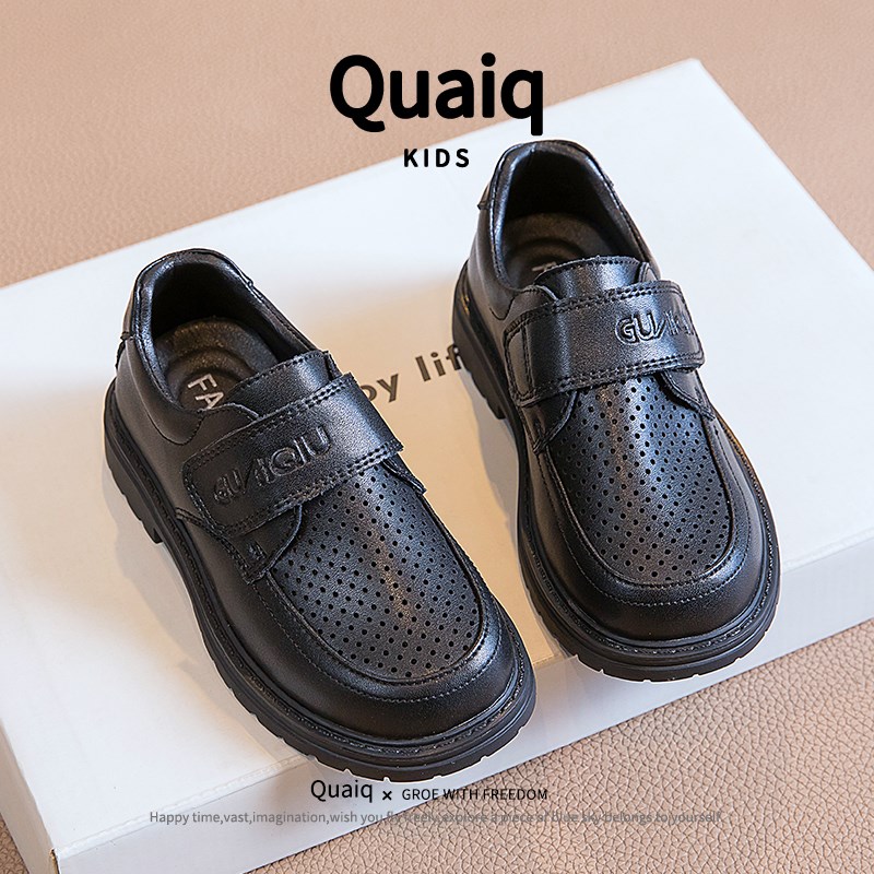 儿童皮鞋真皮黑色镂空软底表演鞋新款黑色英伦小学生凉鞋男童皮鞋