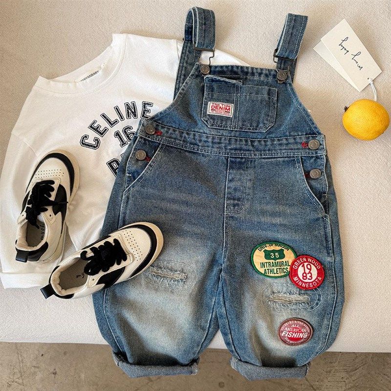 儿童背带裤2025春秋新款男童字母裤子破洞潮宝宝做旧牛仔裤女洋气,童装/婴儿装/亲子装,裤子,淘宝优惠券,粉丝福利购,淘宝优惠卷