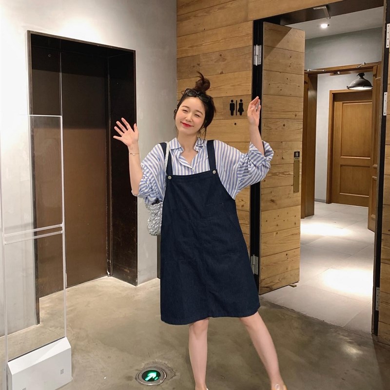 徐蹦蹦 俏皮少女 日系夏季百搭宽松减龄薄款牛仔背带裙中长连衣裙