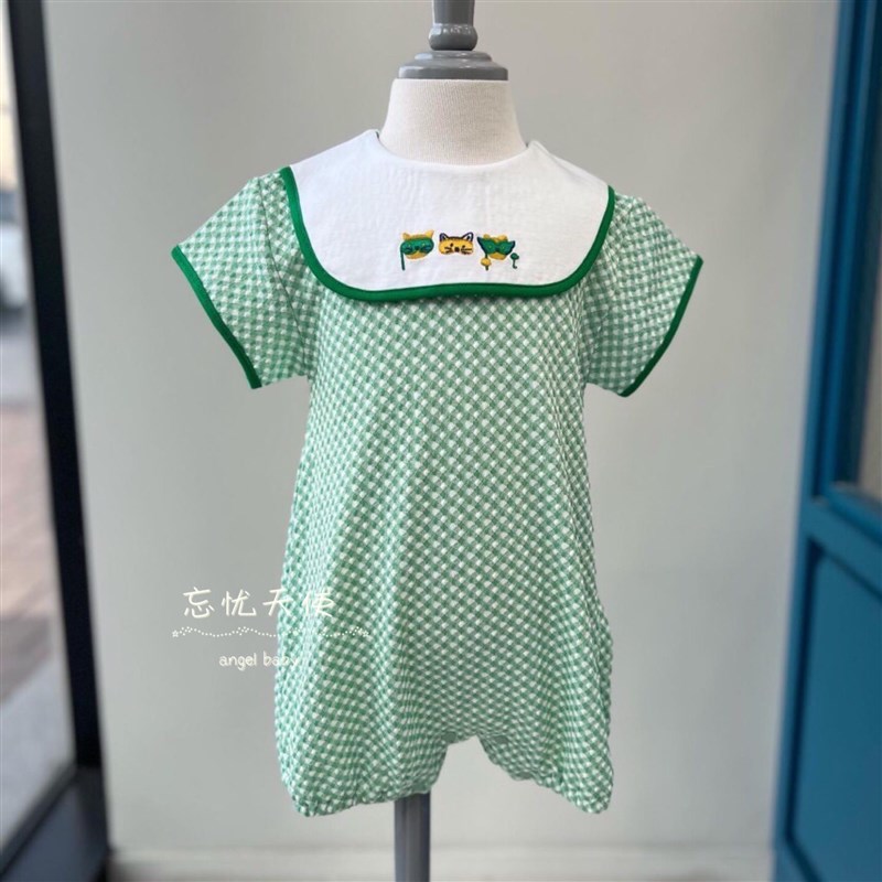 韩国童装 夏新款男女宝纯棉绿格纹大方领短袖爬服 连体衣 哈衣