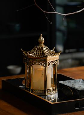 新中式样板间亭子烛台太湖石毛笔架磨砂透明马摆件茶室书房装饰品