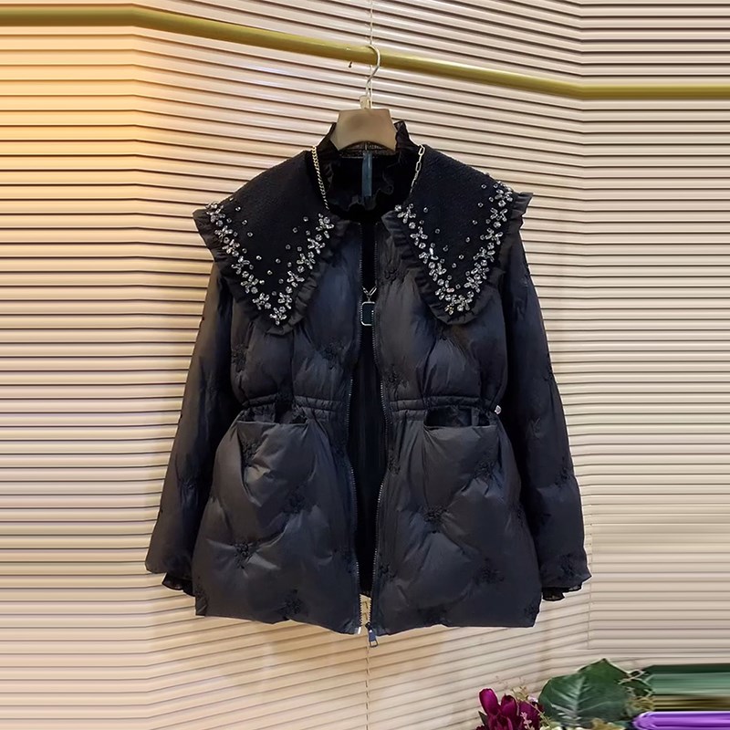 胖MM加肥亮钻披肩领收腰棉服大码女装冬季款黑色百搭显瘦保暖外套