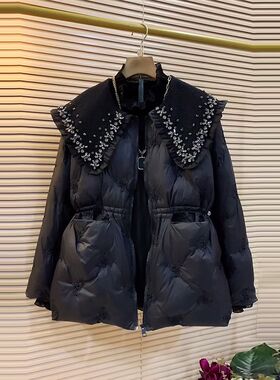 胖MM加肥亮钻披肩领收腰棉服大码女装冬季款黑色百搭显瘦保暖外套