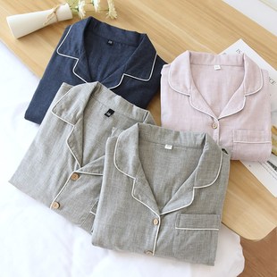 纯色睡衣春秋男纯棉色纺纱布薄款休闲大码长袖开衫家居服套装情侣