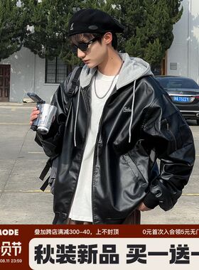 方少男春秋美式拼接假两件复古pu皮衣外套女机车街头宽松连帽夹克