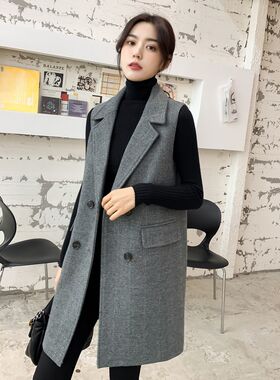 毛呢马甲背心外套女中长款春秋新款坎肩人字纹呢子西装马夹外穿厚